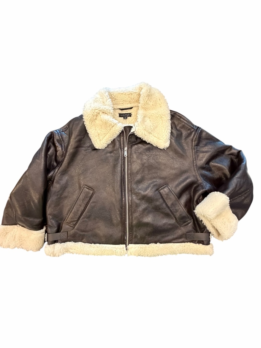 Laundry by Shelli Segal Faux Shearling Brown Leather Bomber Jacket Cozy Large
